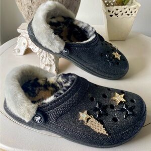 CROCS Classic Disco Glitter Lined Embellished Clogs Sandal Slide Womens 9 Black